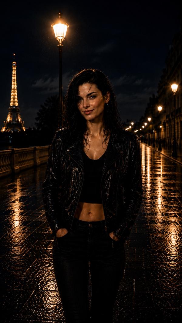 Jumble Nation walking on a rainy Paris bridge at night with the Eiffel Tower in the distance